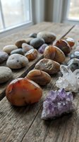 Collection of healing crystals and gemstones including amethyst, quartz, and agate arranged on rustic wooden surface near window for meditation and wellness.