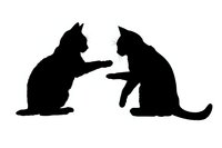 Black silhouettes of two cats sitting face to face in playful interaction pose, isolated on white background for design projects and decorative use.