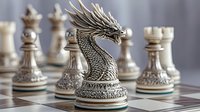 Dragon knight chess piece on board with white pieces in background, detailed carved ornamental design on antique style chessmen showing strategic gameplay setup.