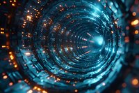 Futuristic circular tunnel with glowing blue light and orange particles creating dynamic motion effect. Abstract technology background for digital concepts.