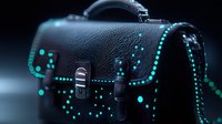 Vintage leather satchel bag with glowing turquoise dots pattern on dark background, decorated with luminescent details and metal clasps for fashion accessories.