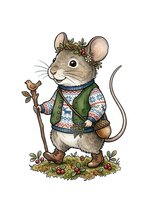 Charming illustrated mouse character wearing knitted vest and patterned shirt, holding flowering branch, standing among berries and plants on white background, ready for design use.
