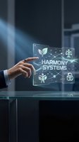 Businessman in suit pointing at holographic display showing harmony systems with leaf and technology icons for sustainable business solutions.