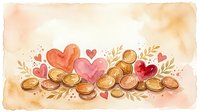 Watercolor hearts and gold coins with floral elements on warm beige background for Valentine's Day, love, romance, wealth and prosperity celebration designs.