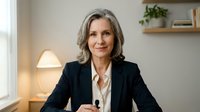 Middle-aged woman with shoulder-length gray hair, Caucasian ethnicity, wearing professional black blazer and white blouse, seated at desk in modern office environment with warm lighting and plants, suitable for corporate, business, leadership, and professional portraits.