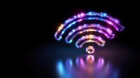 Glowing wifi symbol with neon purple and blue lights floating on dark background with reflection, modern technology concept for wireless connectivity.