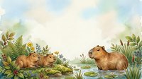 Capybaras resting near water with lush vegetation and foliage, suitable for wildlife, nature, educational, and children's book illustrations.
