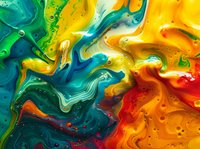 Vibrant fluid art with swirling patterns of blue, green, yellow, orange and red paint creating abstract marble-like texture with bubbles and flowing movement.