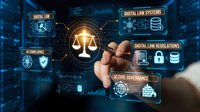 Digital law systems concept with businessman hand touching holographic justice scales interface displaying legal technology icons and data networks.