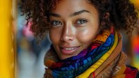 Young mixed race woman with curly hair and bright blue eyes wearing colorful scarf smiles warmly at camera against blurred yellow background.