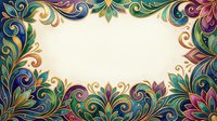 Ornate decorative border with colorful swirling flourishes and leaf motifs on cream background, ideal for invitations and design projects.