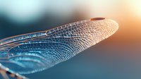 Delicate dragonfly wing with intricate vein pattern captured in macro photography against blurred sunset background, showcasing natural geometric structure and transparency.