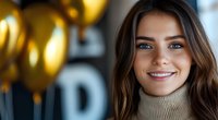 Young Caucasian woman with bright smile and blue eyes wearing beige turtleneck sweater against blurred background with golden balloons, positive emotional portrait.