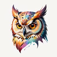 Colorful artistic owl head with vibrant gradient feathers and piercing yellow eyes on white background, isolated design element for creative projects.