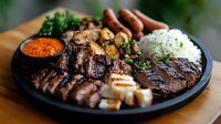 Grilled meat platter with assorted cuts, sausages, rice, and spicy sauce on black plate, garnished with fresh herbs and served with grilled halloumi cheese.