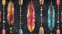 Mystical feathers and beads pattern on dark background with sparkles and stars. Seamless repeat design for fabric, wallpaper, and home decor projects.