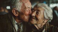 Elderly couple sharing intimate moment with foreheads touching, showing deep love and connection in warm golden light for relationship concepts.