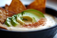Creamy white queso dip garnished with fresh sliced avocado and jalapenos, served with crispy tortilla chips in black bowl, close-up view of Mexican appetizer.