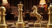 Luxury golden chess pieces king and knight on wooden board in elegant interior with warm lighting for strategic games and intellectual pursuits.