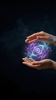 Hands protecting glowing purple and blue energy sphere with digital network connections on dark background for technology and innovation concepts.