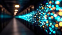 Glowing turquoise and golden bokeh light particles bursting in dark space with motion blur effect, creating magical atmosphere for festive backgrounds.