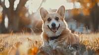 Happy Welsh Corgi dog lying in autumn grass field at sunset with golden bokeh background, smiling with tongue out. Natural outdoor pet portrait.