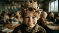 Young blonde boy wearing paper crown smiling in classroom setting with students studying in background for educational content and childhood learning concepts.