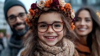 Young girl with glasses wearing autumn flower crown smiling happily with family in background during fall season celebration outdoors.