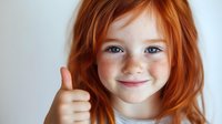 Young girl with bright red hair, freckles and blue eyes showing thumbs up gesture against light background, expressing positivity and confidence.