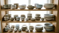 Handmade ceramic pottery collection displayed on wooden shelves featuring bowls, plates and dishes in neutral earth tones for kitchen decor and dining.