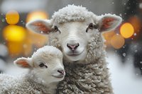 Adorable white sheep and lamb in winter scene with falling snow and warm bokeh lights, close up portrait showing tender maternal bond and gentle expressions.