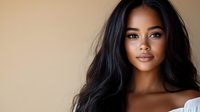 Young African American woman with long dark hair and natural makeup against neutral beige background for beauty and fashion projects.