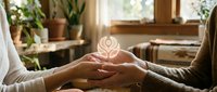 Young woman and elderly person holding hands with glowing lotus symbol representing intergenerational care, healing energy and spiritual connection in cozy home.