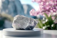 Raw white crystal mineral specimen on round display podium against blurred pink cherry blossom background, showcasing natural geological formation.