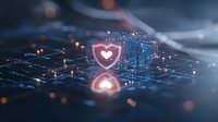 Glowing heart shield icon on circuit board with digital connections and bokeh light effects, representing cybersecurity and digital health protection in technology.