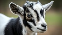 Young goat kid with black and white markings looking at camera on farm, domestic livestock animal portrait for agricultural and rural lifestyle content.