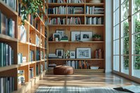 Cozy home library corner with floor-to-ceiling wooden shelves, natural sunlight streaming through large windows, and comfortable round pouf for reading, perfect for interior design inspiration.