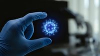 Medical professional in blue gloves holding glowing coronavirus particle in laboratory setting for healthcare research and virus study concepts.