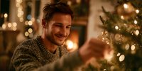 Young man with warm smile decorating Christmas tree at home with festive bokeh lights creating cozy holiday atmosphere.