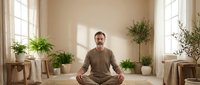 Middle-aged Caucasian man practicing meditation in serene home interior with houseplants and natural light streaming through windows creating peaceful atmosphere.