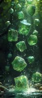 Magical floating green gelatinous cubes with mystical patterns suspended in air against dark forest background. Perfect for fantasy gaming, book covers or magical concept designs.
