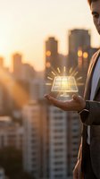 Businessman holding glowing solar panel icon above palm against urban sunset skyline representing renewable energy solutions and sustainable technology innovation.
