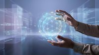 Businessman hands protecting glowing digital globe with network connections in futuristic data center environment representing global technology solutions.