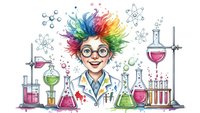 Young scientist with colorful hair conducting chemistry experiments in laboratory with beakers and test tubes on white background.
