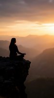 Woman meditating in lotus pose on mountain cliff edge during golden sunset with layered mountain ranges creating peaceful spiritual atmosphere.