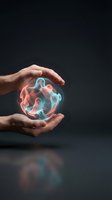 Hands holding glowing orb with swirling neon energy, symbolizing innovation, technology, and future concepts for business presentations and creative projects.