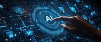Hand touching glowing AI interface on dark background with digital network connections and futuristic HUD elements, representing artificial intelligence technology.