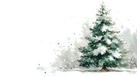 Watercolor pine tree covered with snow in winter forest landscape with falling snowflakes and misty background. Perfect for holiday designs.