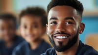 Young African American businessman smiling confidently in modern office environment with diverse team colleagues in background for corporate presentations.