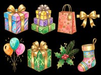 Festive Christmas clipart set with gift boxes, balloons, holly, stocking, and bow, isolated on transparent background. Great for stickers, T-shirts, and print on demand.